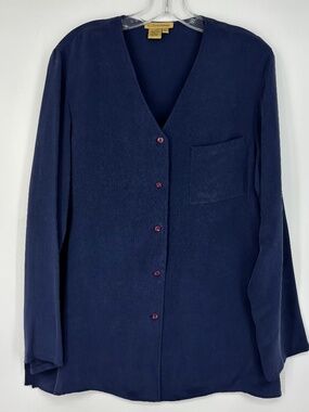 A.J. Christopher Womens Large Button Front Blouse Jacket Dusty Blue 100% Silk LS
